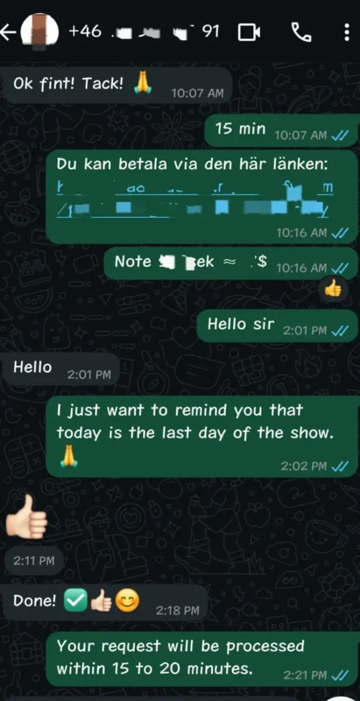 Direkte WhatsApp-support mellem IPTV Nordic Danmark og kunde – hurtig løsning af spørgsmål og problemer