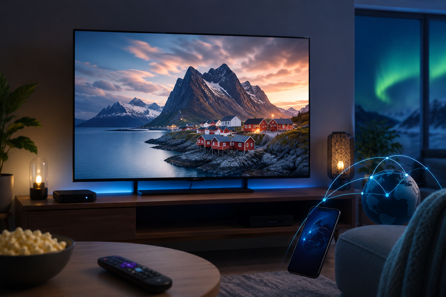 Nordic IPTV 4K streaming på OTTPlayer med moderne Smart TV og nordisk landskab