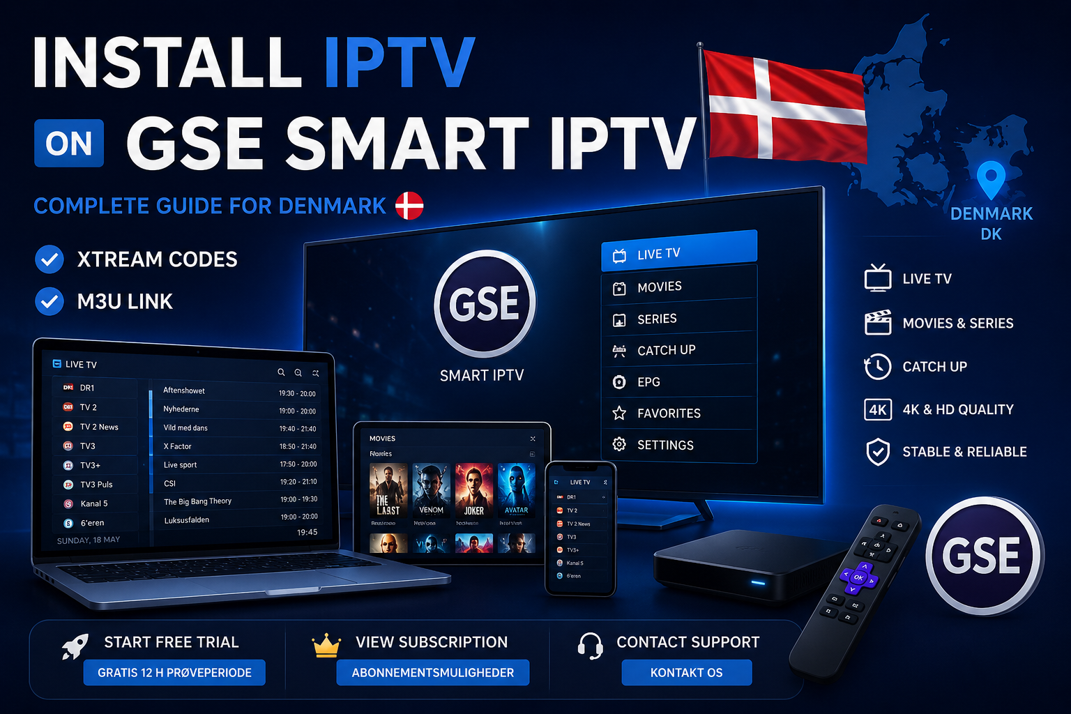 IPTV on GSE Smart IPTV app setup guide for Denmark showing playlist configuration and live TV streaming interface