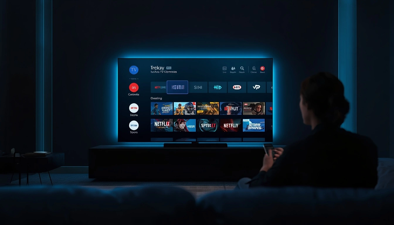 Modern smart TV in a dark premium living room showing IPTV streaming interface with live TV channels, movies, and sports in 4K quality