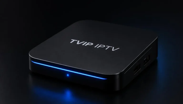 TVIP BOX IPTV device for streaming IPTV services with modern setup and dark tech background