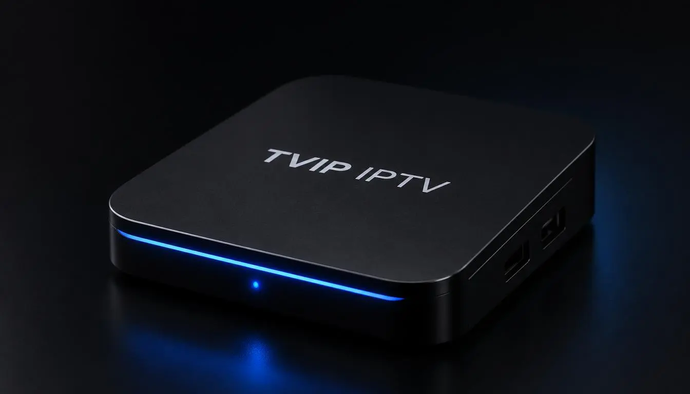 TVIP BOX IPTV device for streaming IPTV services with modern setup and dark tech background