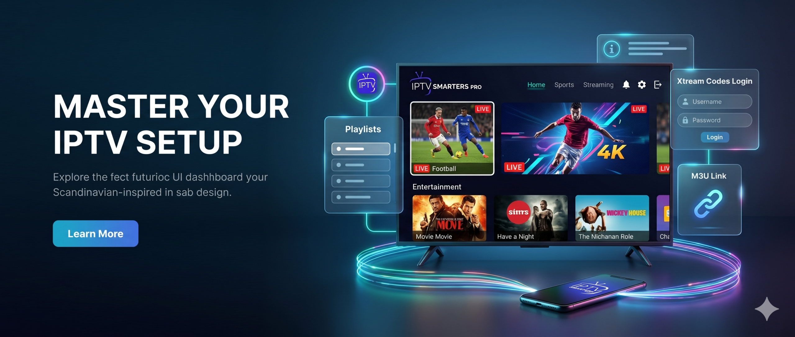 IPTV Smarters Pro app interface showing IPTV login screen for Xtream Codes and M3U playlist setup on smart TV