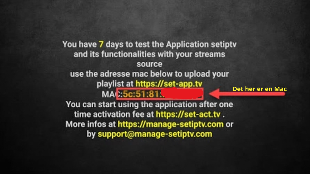 Set IPTV startskærm med MAC-adressen vist i applikationen